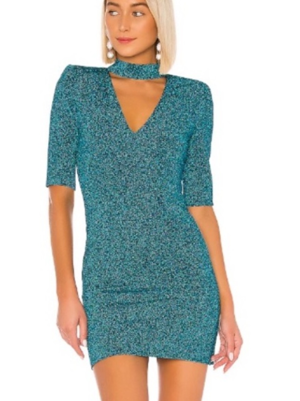 Alice + Olivia Teal Sparkle V-Neck Mini Dress with Choker